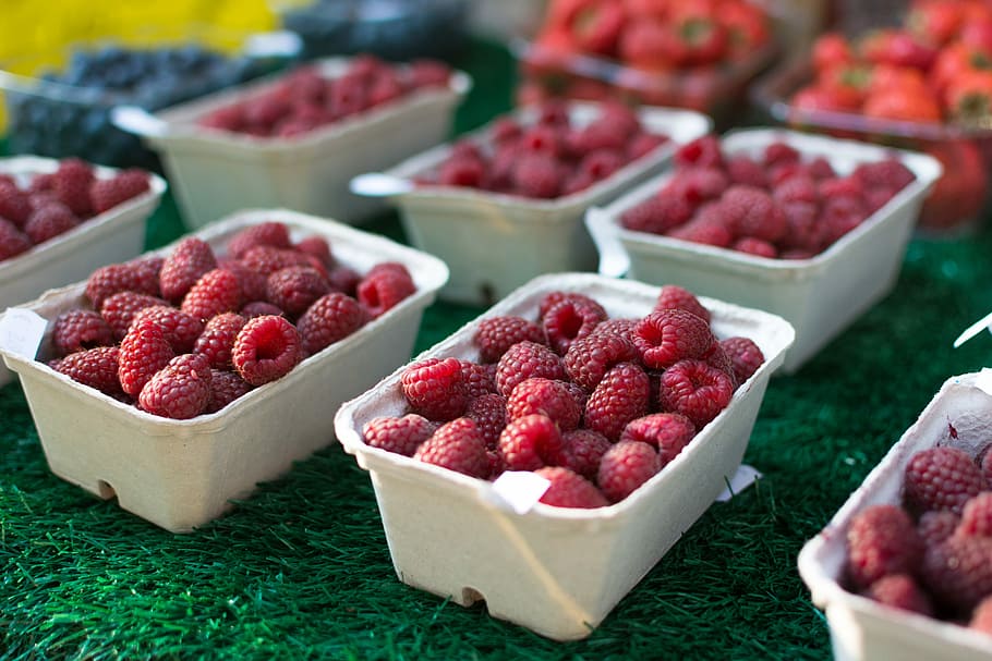 Raspberries at a market, fresh, fruit, outside, food and drink HD wallpaper