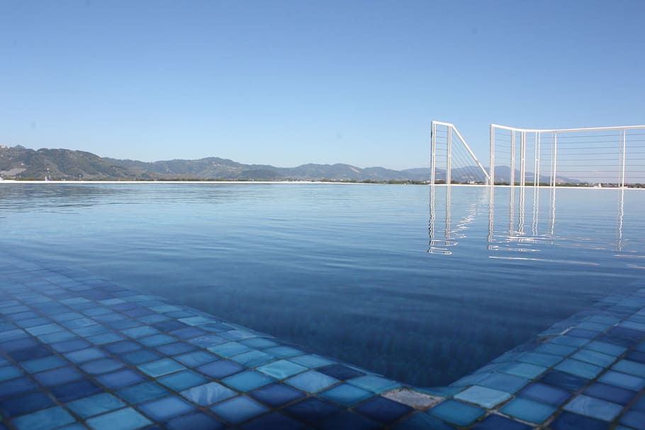 infinity pool with white metal railings, water, holiday, summer HD wallpaper