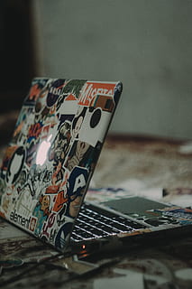 black and white laptop on floor, opened laptop computer, Mac HD wallpaper
