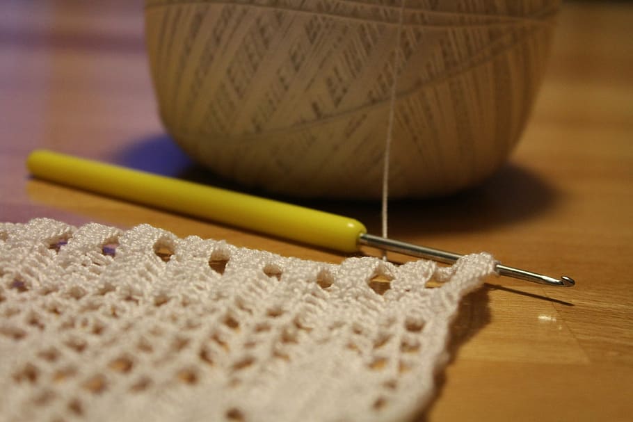 white crochet textile, crochet hook, hobby, close, tangle, hand labor, HD wallpaper