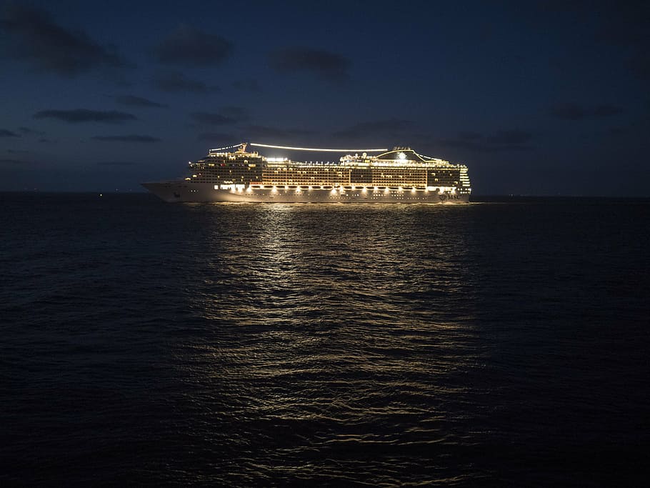 port, ship, cruise ship, night, lights, coast, msc, sky, romantic