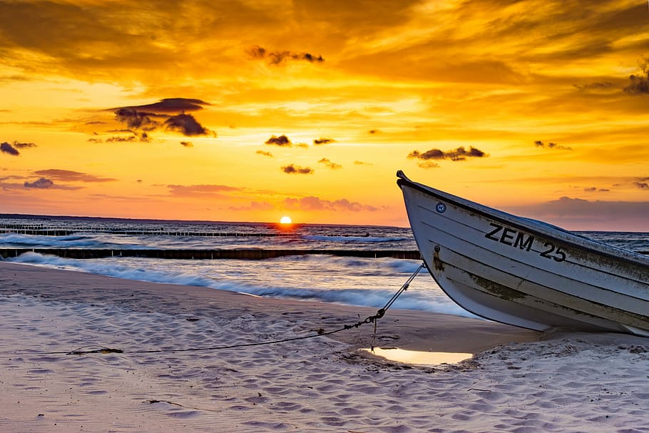 white boat on beach, waters, sunset, sea, dusk, sky, sand, nature HD wallpaper