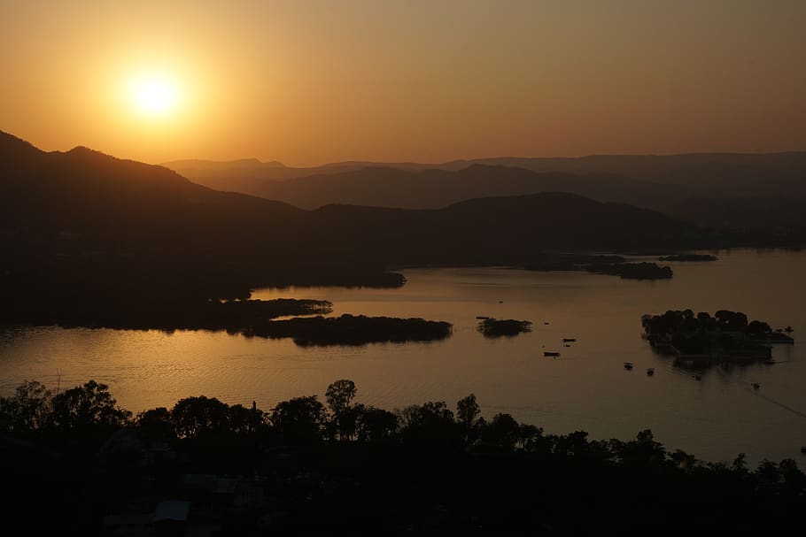 sunset, dawn, waters, nature, udaipur, evening sky, abendstimmung