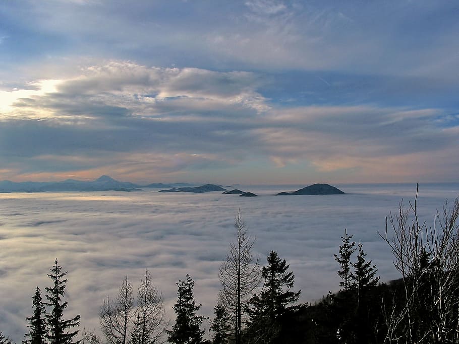 fog, landscape, background, clouds, behind alm, clouded sky HD wallpaper