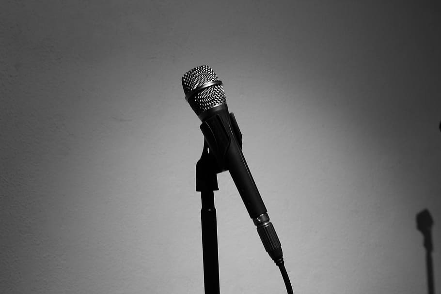 black corded microphone with stand, recording studio, music HD wallpaper