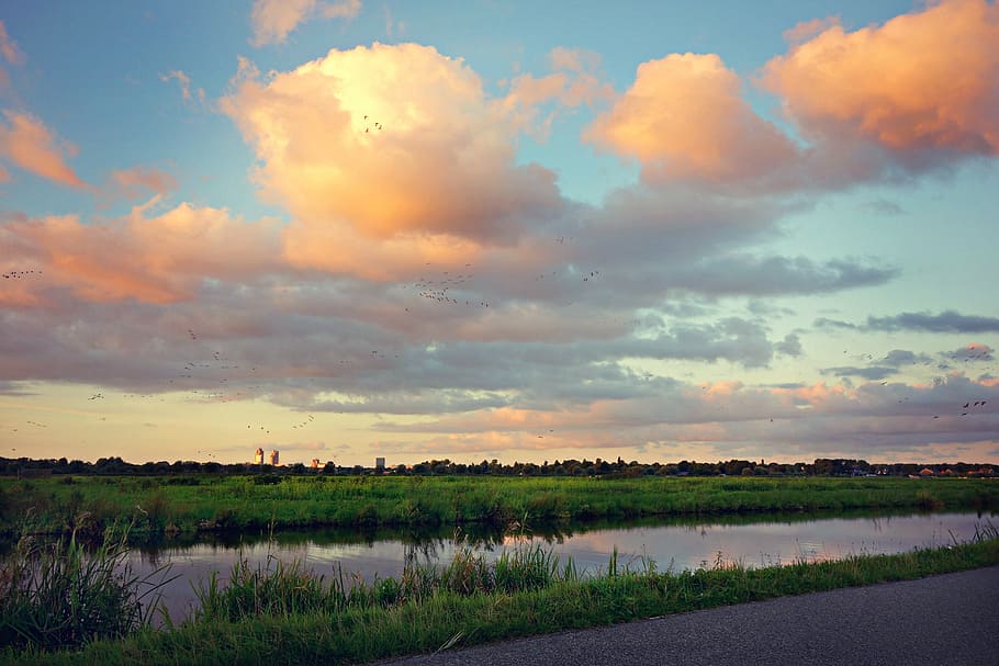 clouds, countryside, dawn, dusk, grass, outdoors, rural, sky HD wallpaper