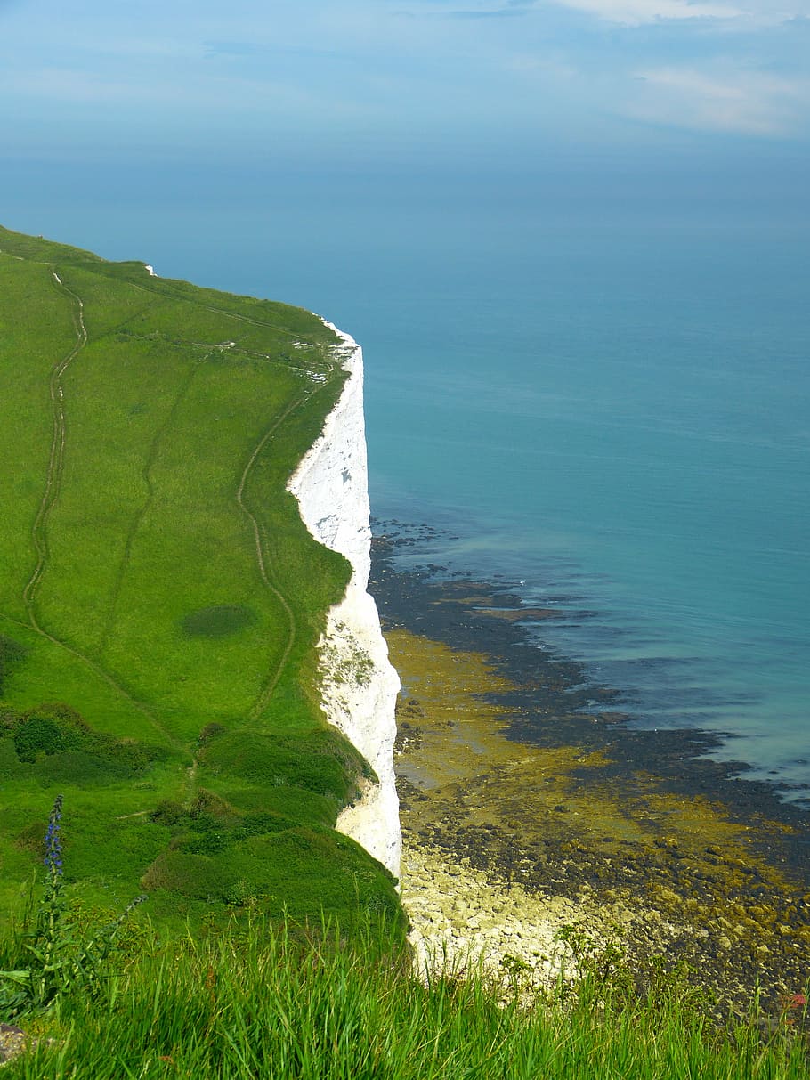 chalk cliffs, england, demolition edge, sea, dover, united kingdom HD wallpaper