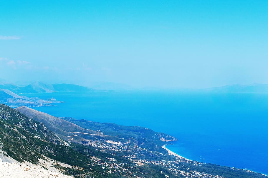 blue, sky, highland, mountain, landscape, nature, path, sea HD wallpaper