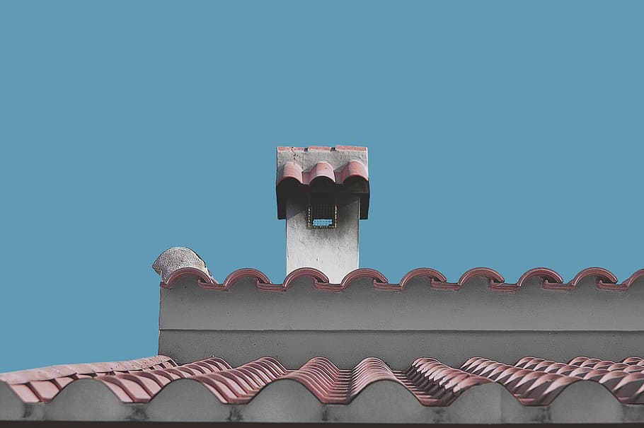 roof, fireplace, rustic, texas, blue background, red tiles HD wallpaper
