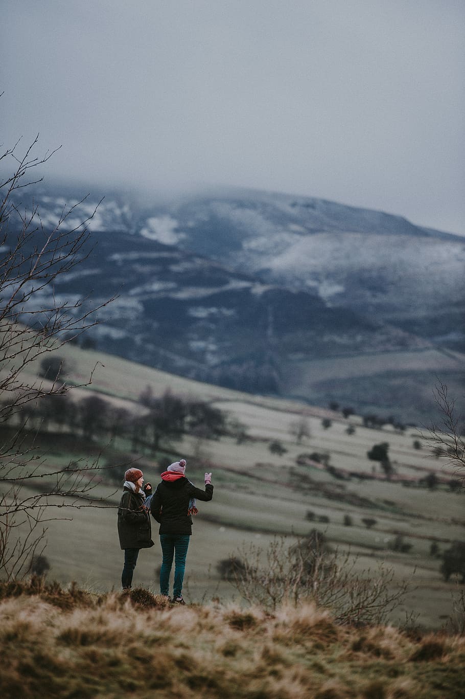 two people on mountain, two women taking photos, landscape, hill HD wallpaper
