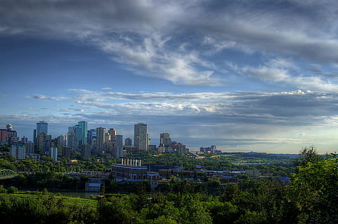 green trees near city during day time, edmonton, canada, sky HD wallpaper