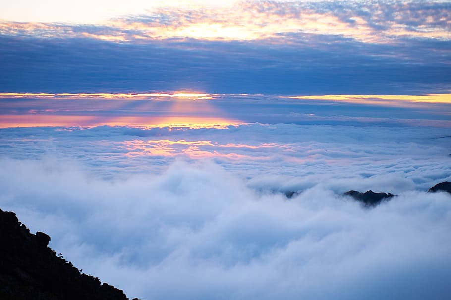 blue, sky, clouds, ridge, summit, hill, landscape, nature, tree HD wallpaper