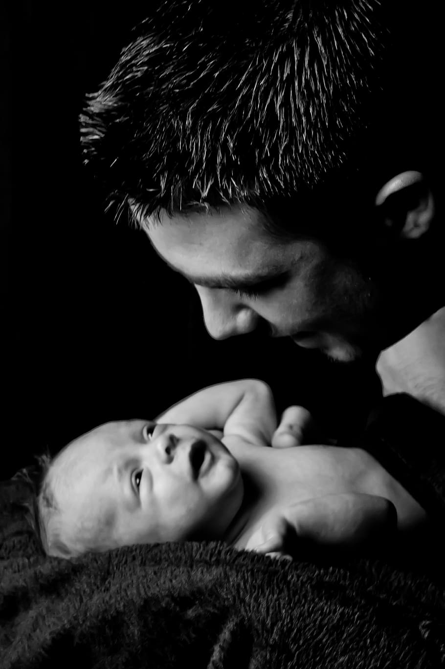 grayscale photo of man facing baby photo, newborn, portrait, caucasian, HD wallpaper