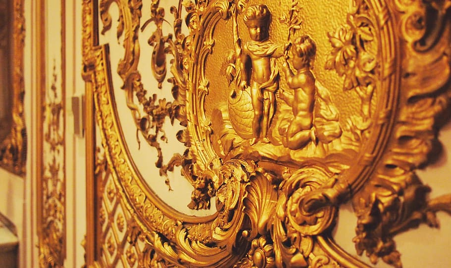 gold, decor, interior, decorated, panels, design, room, decoration HD wallpaper