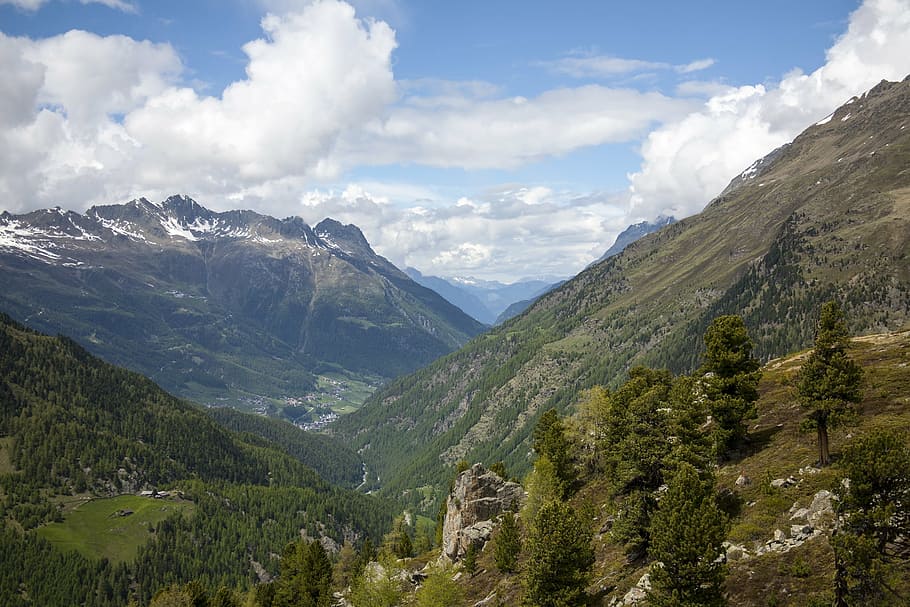 mountains, valley, austria, landscape, alpine, snow, clouds HD wallpaper
