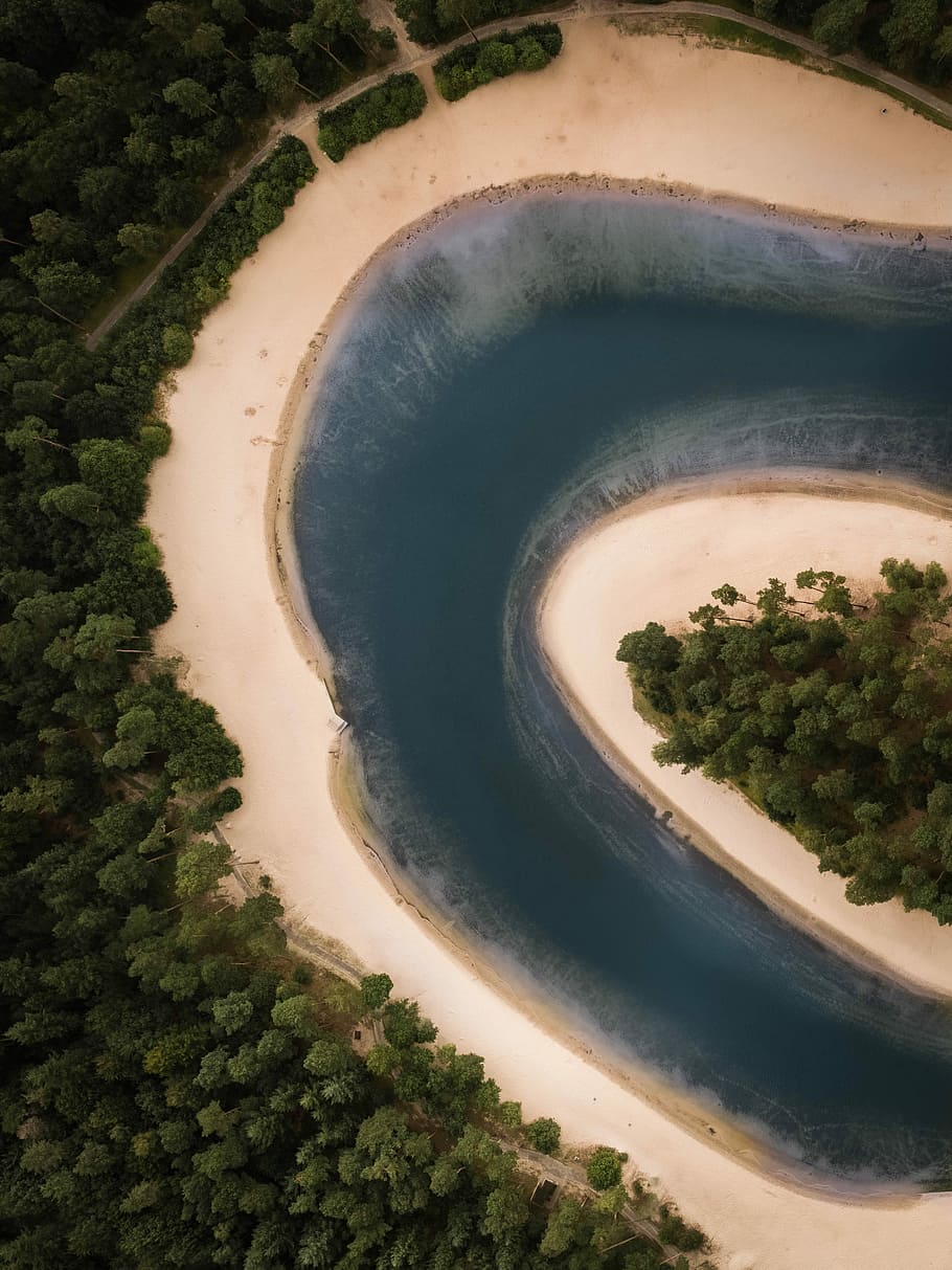 birds eye view of landscape, bird's eye view of river near trees HD wallpaper