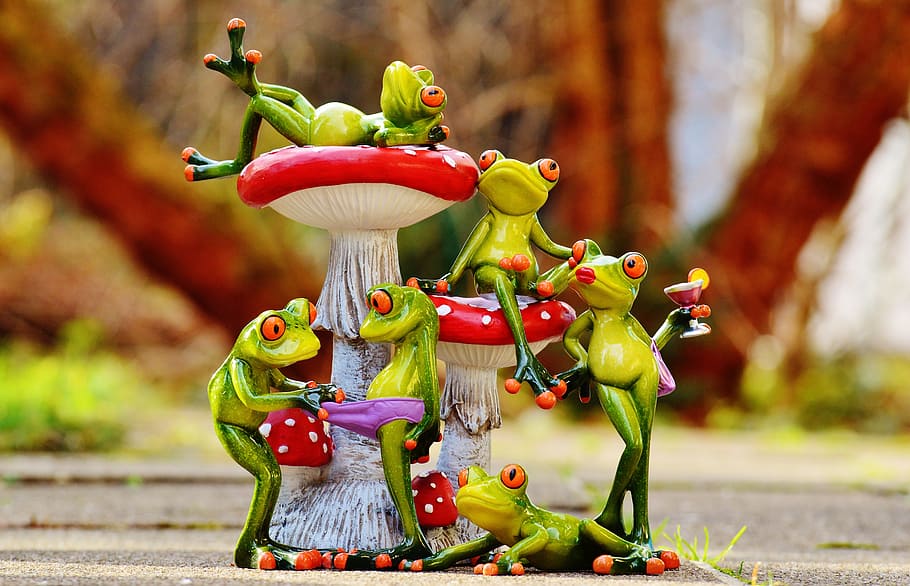 frogs, mushrooms, figures, group, funny, cute, animals, sweet HD wallpaper