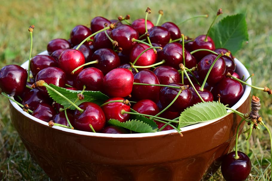 red cherry fruits on brown ceramic bowl, cherries, delicious, HD wallpaper