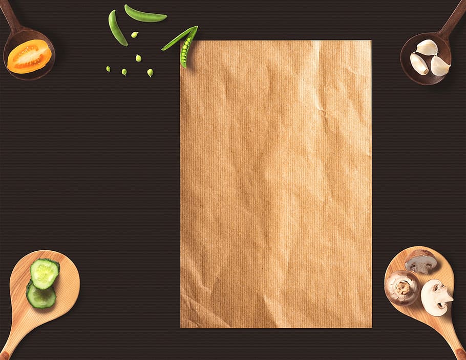 HD wallpaper: brown paper, menu, background, wooden spoon, eat, peas,  tomato | Wallpaper Flare