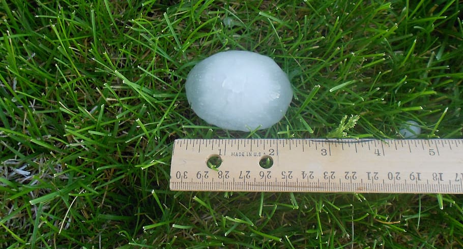 closeup photo of ice on grass beside tape measure, hail, weather HD wallpaper
