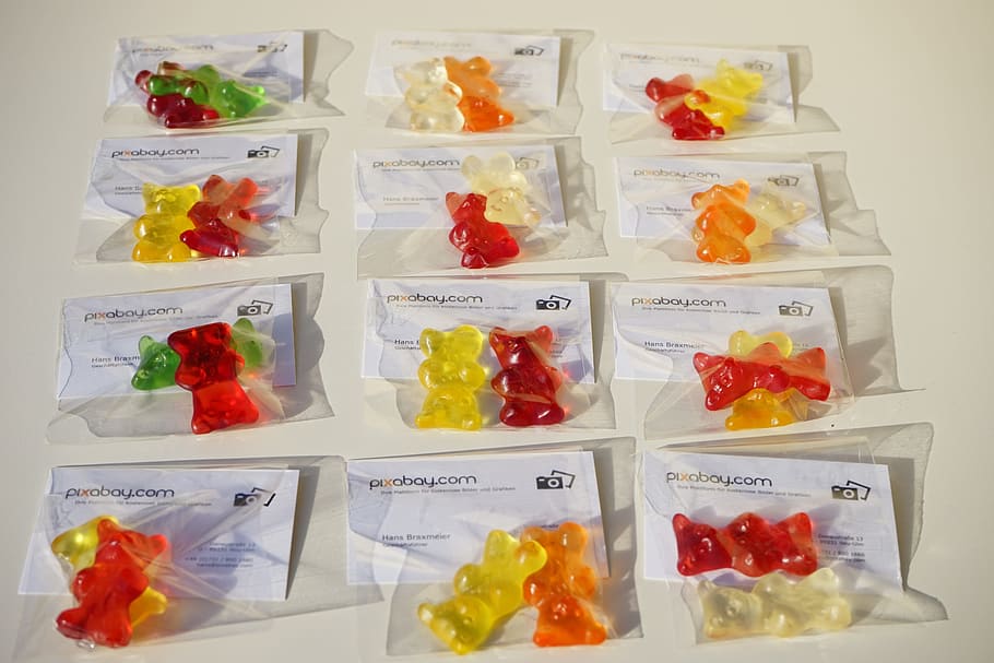 Business Cards, Presentation, Bags, gift, gummi bears, packed