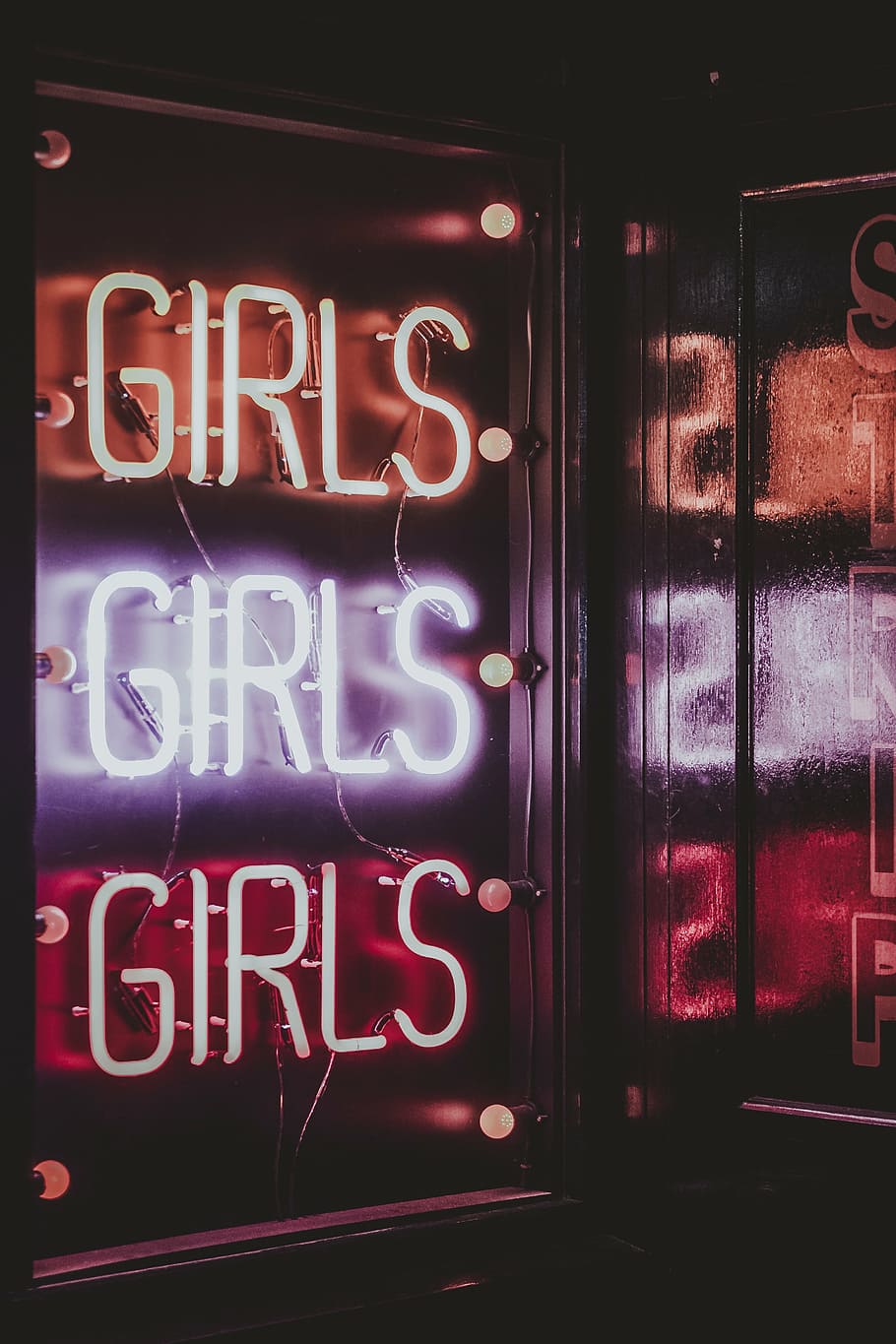 white, purple, and red Girls neon light signage, night, dark