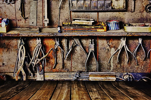 gray metal pliers hanged in wall inside room, background image HD wallpaper