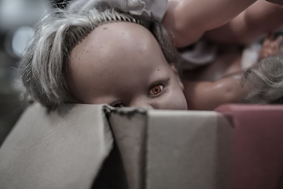 Porcelain Doll in Box, cardboard, close -up, eyes, girl, hair HD wallpaper