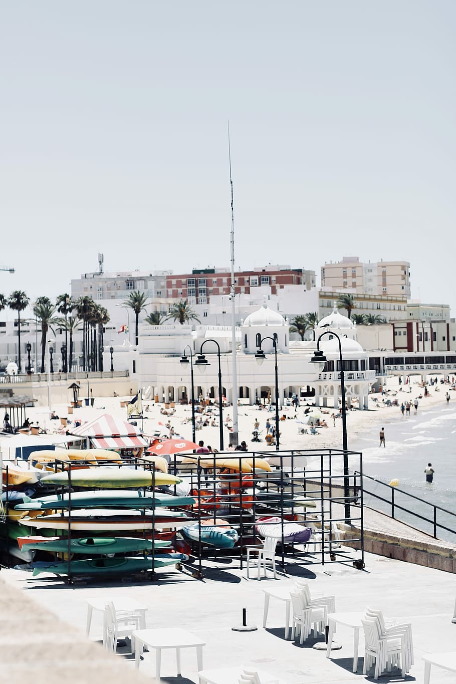 top view of surf boards, white concrete mosque, summer, beach HD wallpaper