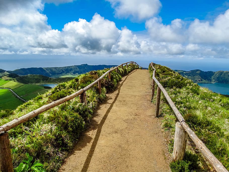 bridge over body of water, nature, landscape, pond, volcano, crater