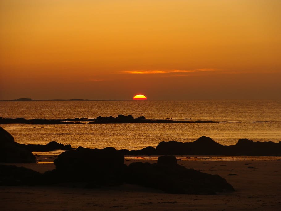 sky, sunset, sea, rocks, beach, evening, nature, dusk, coastline HD wallpaper