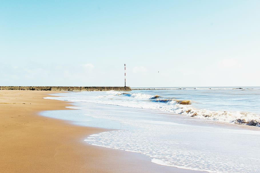 beach, clear sky, ocean, sand, sea, seashore, seaside, summer HD wallpaper