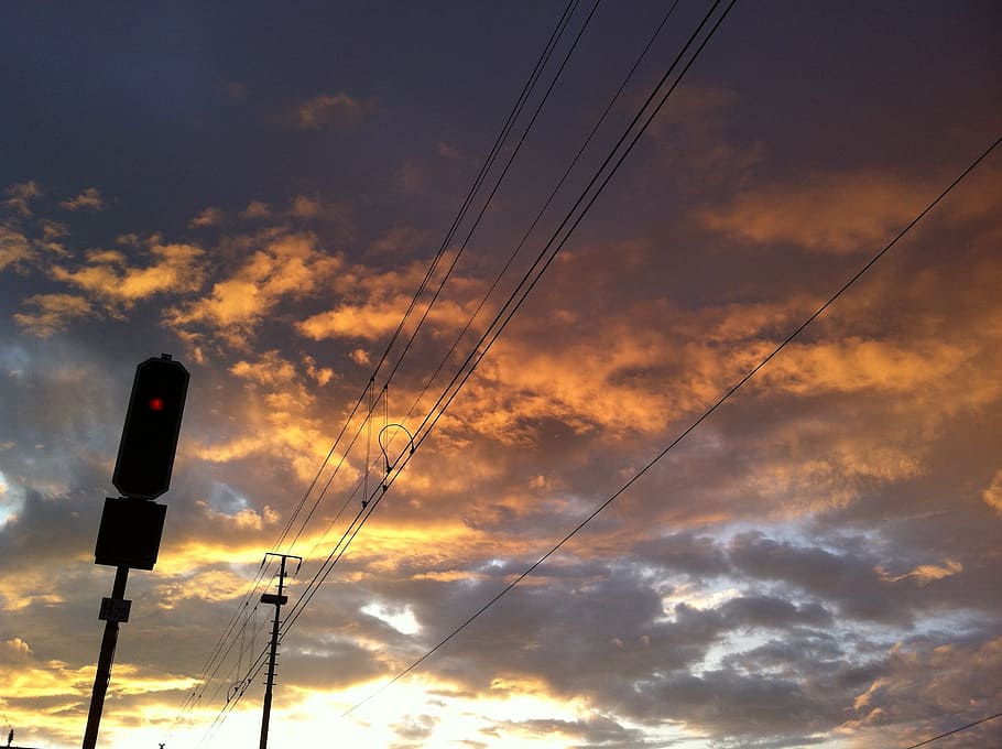 railway, signal, evening, clouds, sky, sunset, evening sky, HD wallpaper