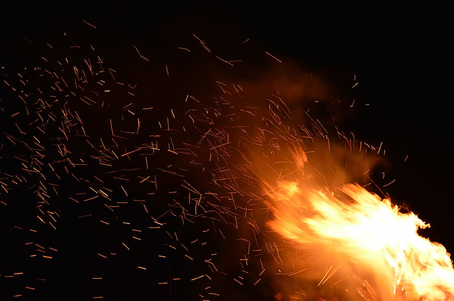 fire during nighttime, sparks, flame, fire background, heat, hot, HD wallpaper