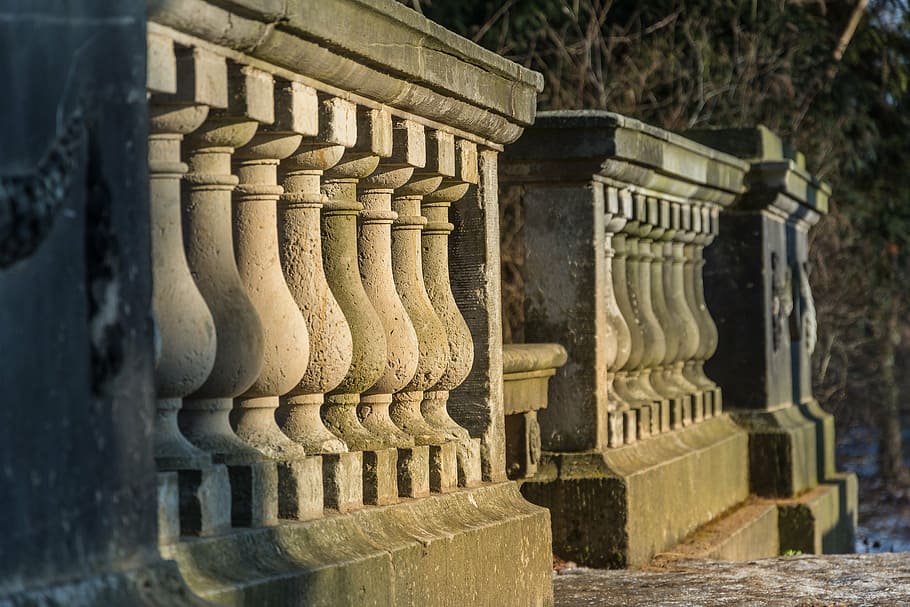 bridge, railing, river, sun, weathered, sand stone, nature HD wallpaper