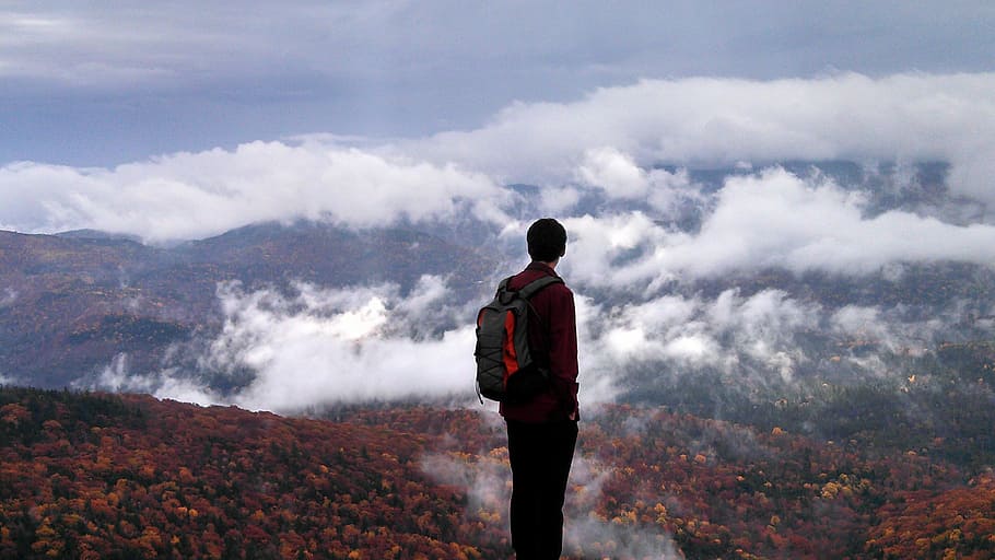 man wearing red long-sleeved shirt standing during daytime HD wallpaper