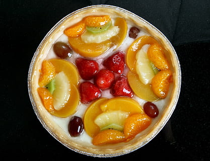fruit dessert served on beige bowl, afters, background, bake HD wallpaper