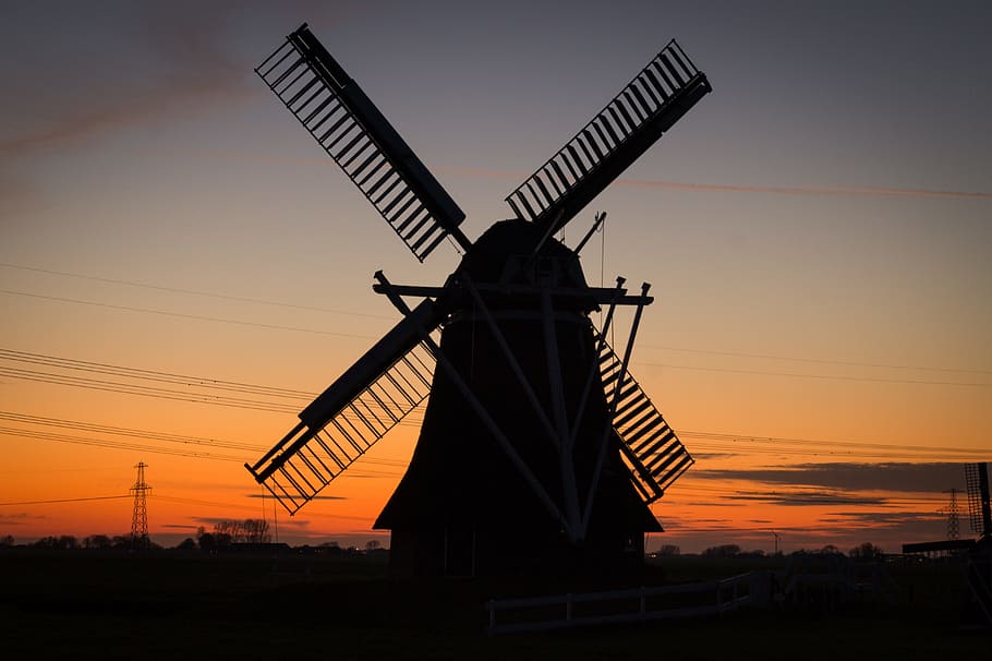 silhouette of windmill under golden hour, rural, twilight, netherlands HD wallpaper