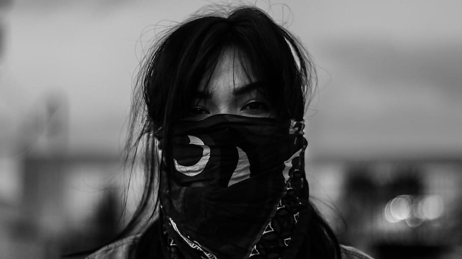 person wearing black mask in grayscale photography, grayscale photography of woman