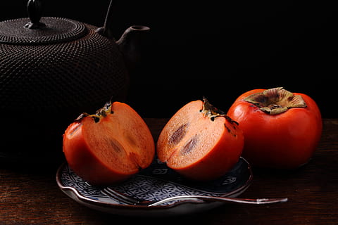 food, plate, fork, fruit, persimmon, teapot, food and drink, healthy eating HD wallpaper