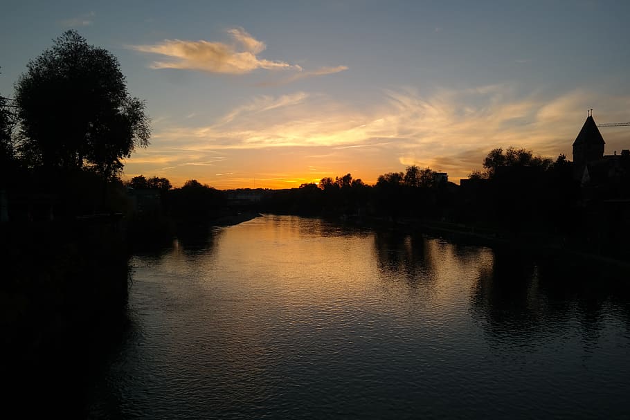 sunset, evening sky, clouds, river, danube, water, back light HD wallpaper