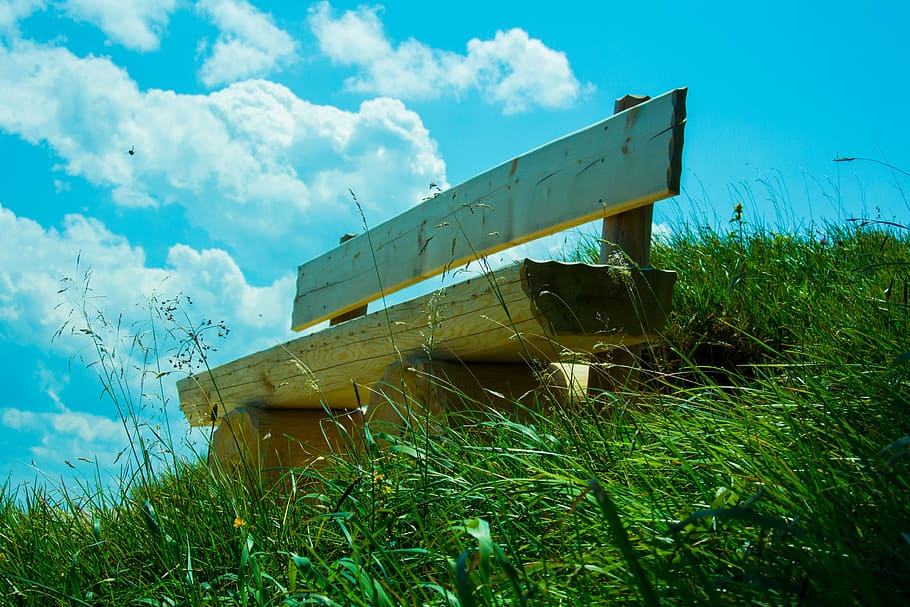 sky, bank, clouds, nature, green, resting place, sit, bench HD wallpaper