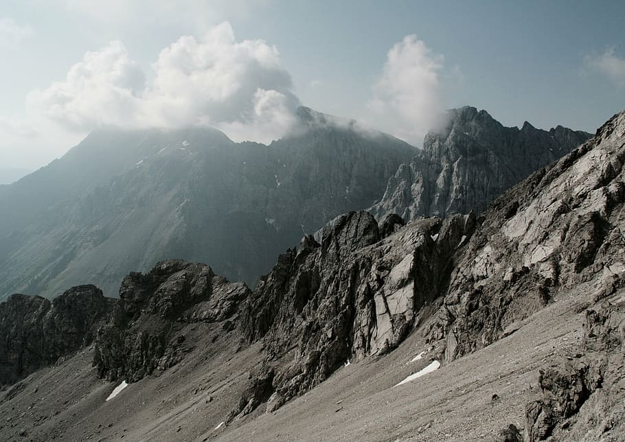 alpine, mountains, clouds, rock, mountain range, sky, landscape HD wallpaper