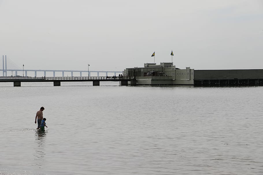 man walking at the sea near a bridge, water, people, pier, outdoors HD wallpaper