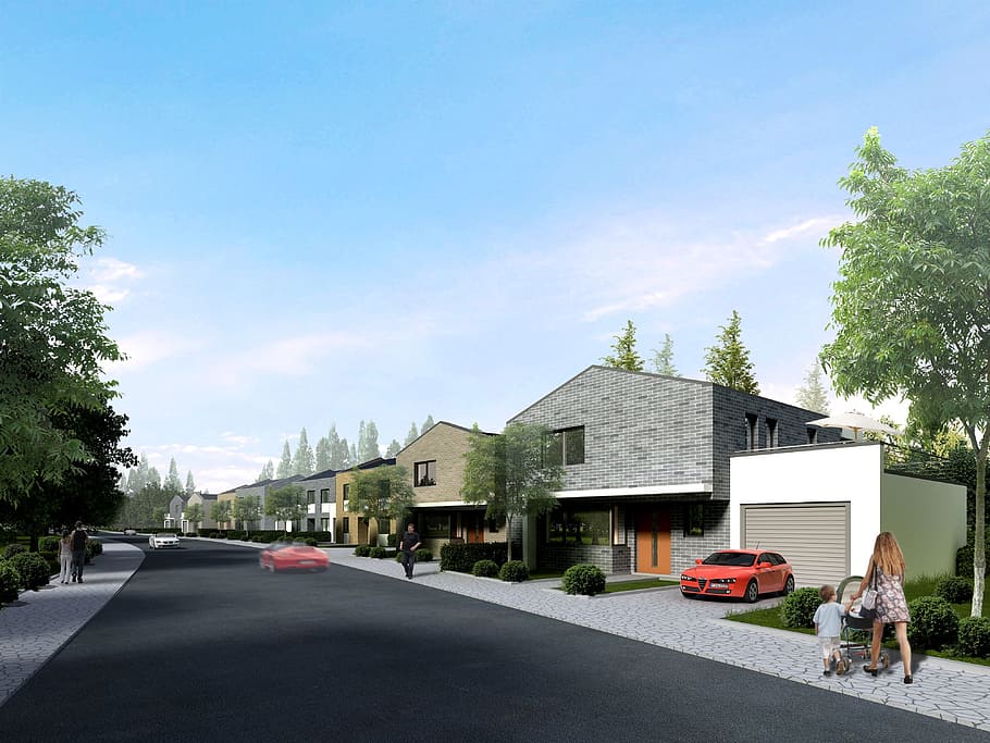 gray asphalt road, Semi-Detached House, Villa, rendering, visualization HD wallpaper