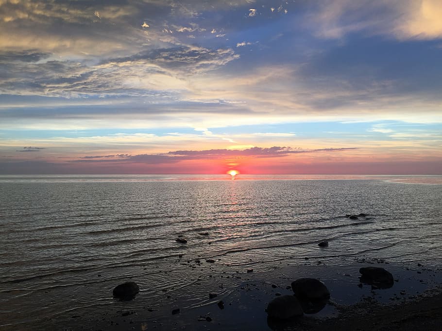 sunset, lake, beach, water, sky, nature, landscape, reflection HD wallpaper