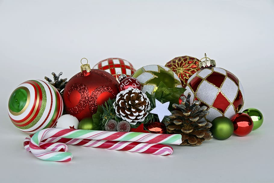 bauble, pine cone, and candy cane, christmas balls, christmas decorations, HD wallpaper