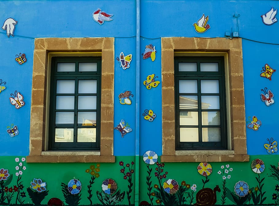 blue and multicolored floral wall art, windows, colorful, school, HD wallpaper