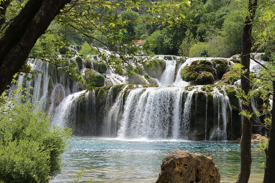 waterfalls surrounded with green trees, national park, krka, croatia, HD wallpaper