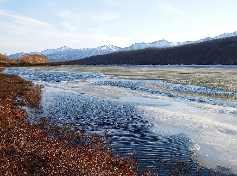 spring, lake, ice, mountains, sky, clouds, nature, trees, landscape HD wallpaper